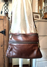 FOSSIL Explorer REAL LEATHER Tan Brown Crossbody Tote HOBO Folding Bag Large
