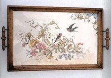 Antique Faience Porcelain Serving Tray Swallows & Flowers Wooden Frame Handles