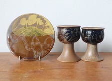 3 pieces Diana Worthy Crich Studio Pottery stoneware (2 goblets + trivet/tile)