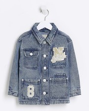 River Island Mini Boys Denim Jacket Blue Badged Collar Long Sleeve Outerwear Top