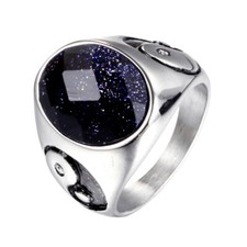 Mens Yin Ying Yang Blue Sandstone Ring Men Stainless Steel Size 7-13