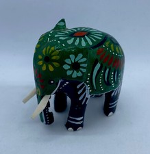 Handmade Miniature Wooden Indian Elephant Figurine Hand Painted Green With Tusks
