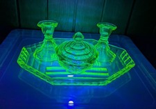 Art Deco Uranium Glass Green 1930's Vanity Dressing Table Set Trinket Dish Tray