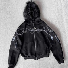 Black Fur Hooded Y2K Zip Up