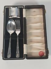 Yeoman Silver Plated Child Spoon, Fork and Napkin Ring with Monogram, Boxed
