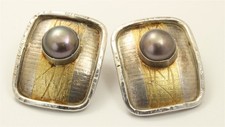 Artisan Signed Sterling Silver Handmade Geometric Mabe Pearl Post Earrings 