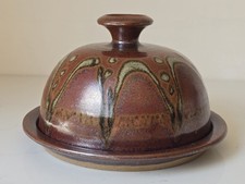 Studio Pottery Stoneware Cheese Dish with Iron Glaze and Wax Resist Decoration