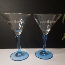 2 x Bombay Sapphire Gin Martini Cocktail Glasses Blue Stem in Vtg Art Deco Style