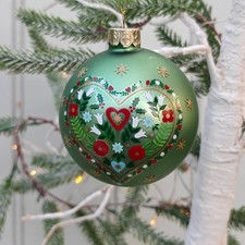Scandi Alpine hearts pale green glass bauble Xmas tree decoration Gisela Graham