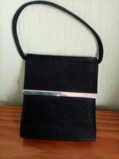 BLACK LADIES EVENING BAG 6 INS X 5 1/2 WIDE 12 INS ROUND HANDLE CHROME STRIPE 