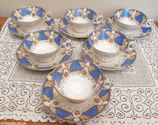 Set of 6 Antique Ridgway Cups & Saucer c1820 Blue Buttermilk Gilt Pattern 528 