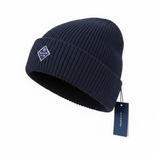 GANT Men Hat OS Dark Blue Wool Blend Tight-Knit Patch Logo Stretch Beanie *