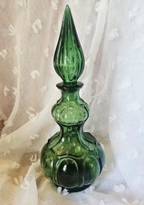 Emerald Green Glass Genie Bottle Corset Decanter With Flame Stopper Empoli Italy