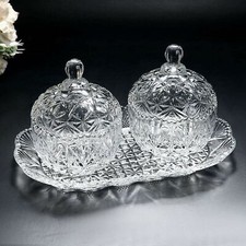 Glass Sweet Sugar Bowl 3PC W/Lid & Tray Crystal Effect Candy Bonbon Box Dish Jar