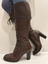 F&F Florence+Fred Tesco Brown Leather Lace Up Knee High Boots Victorian Uk5 EU38