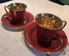 Crown Devon Fieldings Pair Of Burgundy Gold Demitasse Cups And Saucers Vintage