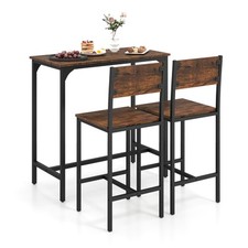 COSTWAY 3 Piece Bar Table Set Pub Dining Table & 2 Bar Stools w/ Backrest-Brown