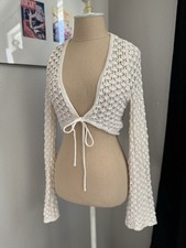 Pink Rose Womens Cream Crochet Crop Cardigan Bell Sleeves Tie Closure Size M