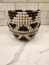 Hand Woven Coiled Grass Planter Basket Vase With Liner Tan Black Boho Southwest