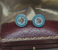 Vintage Antique 9ct Gold & Guilloche Enamel Hand Painted Roses Stud Earrings