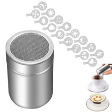 Stainless Steel Powder Cocoa Sugar Shaker with 16 Coffee Stencils