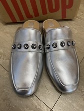 Fitflop UK 4 Delicato Crystal Custer Soft Leather Mules Clog Sandals Silver