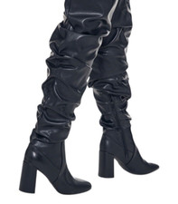 Pretty Little Thing Thigh High Boots Women's UK Size 6 Black Faux Leather  