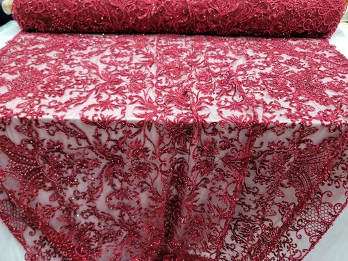 Burgundy beads lace fabric - lace, by