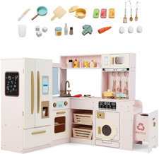 Kids Wooden Corner Play Kitchen Set Lights Sounds 22Pc Pretend Cooker Playset