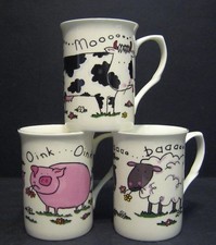 3 Set Of three Moo Baar Oink Pig Sheep Cow Fine Bone China Mugs Cups Beakers
