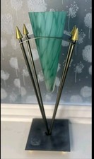 Art Deco Vase Teal Marble Effect Metal Stand Brass Antique Cone Shape