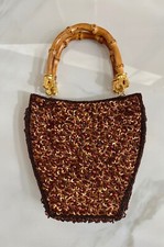 Vintage Bronze Brown Gold Bamboo Sequin Bead Occasion Prom Purse Clutch Bag
