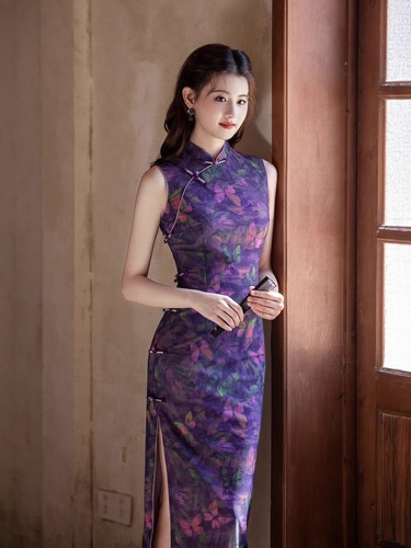 Purple butterfly qipao dress - purple,