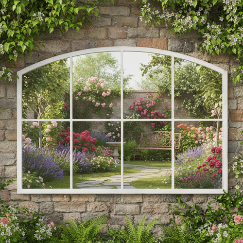 Distressed white arched window - arched,
