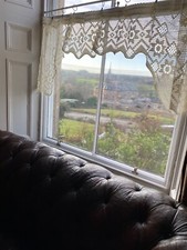 Laura A Vintage White Cotton lace curtain Valance panel 80”/24” Swag