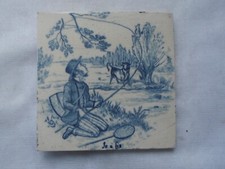 Old blue and White Fishing ' In a Fix ' picture tile c1900  6"x6"