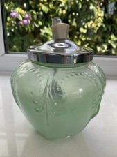 Vintage 1950’s Green Glass Sugar Round Pretty Bowl & Silver Colour Lid & Spoon.