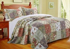 BEAUTIFUL XXL COUNTRY VINTAGE ROSE PINK RED GREEN BLUE PATCHWORK BEDSPREAD SET