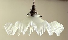 Vintage French frosted glass frilly coolie light shade smooth & brass fittings