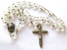 Silvertone & AB Crystal Long Rosary Beads Crucifix Cross & Virgin Mary Medal