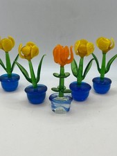 5 x colourful hand-blown glass mini flowers in pots.
