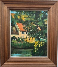 Impressionist Painting (20th C.) : Garden Landscape with Chateau, oil on panel