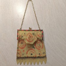 Vintage Small Art Deco Flapper Yellow Mesh Bag With Red/Black Crystals Detail