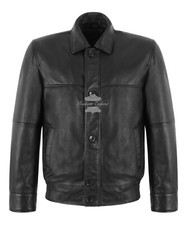 Men's Bomber Real Leather Jacket Black Classic Collar Blouson Retro Style Jacket