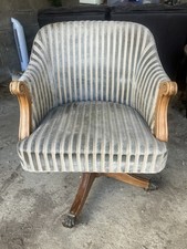 Captains Chair In Light Green Striped Velvet Fabric With Wooden Frame