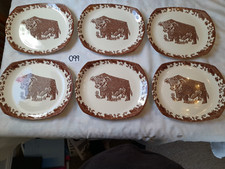 Ironstone Pottery Beefeater Bull Cow Vintage 70s Steak Plates Set of 6 England