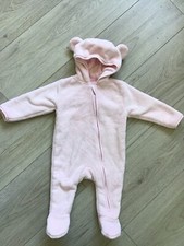 M&S beautiful baby girls pink furry hooded snowsuit pram suit - 3-6 m