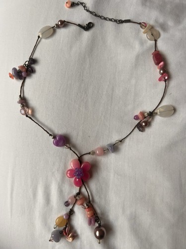 Boho pink flower cord necklace - pink,