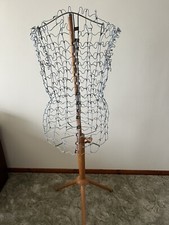 Vintage French Blue Wire Dress Making Mannequin Turned Beech Stand Circa 1940's