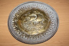 Vintage Collectable - Decorative Embossed Brass Wall Plaque / Plate - Old Ship